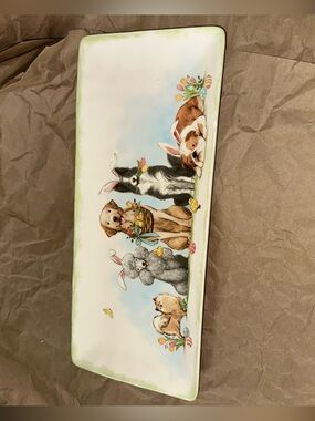 Pier 1 White Ceramic Pet Tray with Easter Puppy Illustration